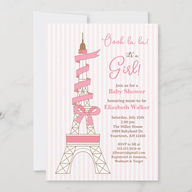 Invitation Tour Eiffel de Paris Thème Baby Shower rose fille (Devant)