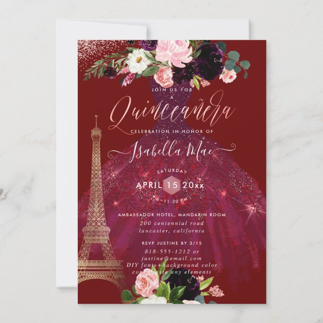 Invitation Tour Eiffel de Quinceanera, fleurs Bourgogne rouss (Dos)