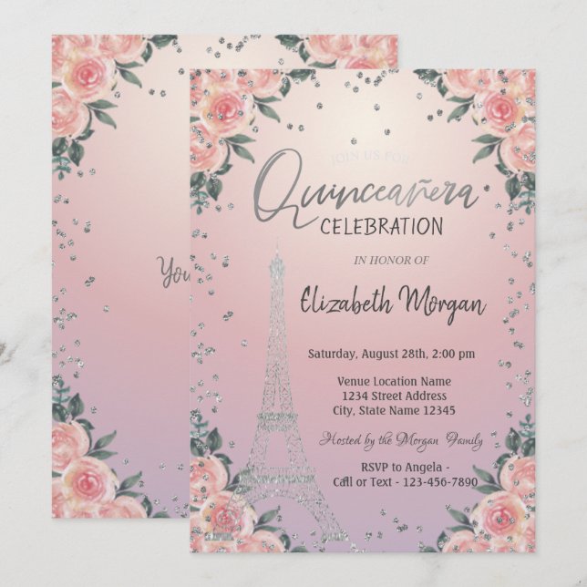 Invitation Tour Eiffel Diamants Fleurs Rose Quinceañera (Devant / Derrière)