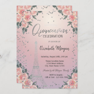 Invitation Tour Eiffel Diamants Fleurs Rose Quinceañera