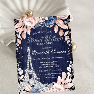 Invitation Tour Eiffel Diamants Marine Bleu Roses Sweet 16