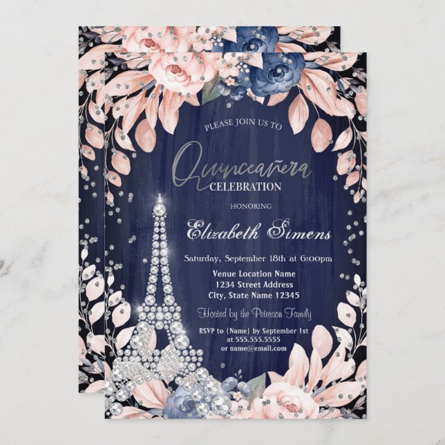 Invitation Tour Eiffel Diamants Marine Blue Roses Quinceanera (Devant / Derrière)