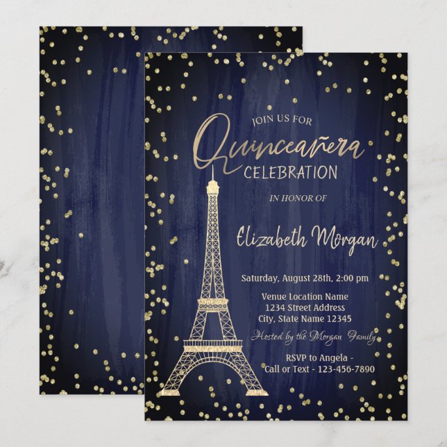 Invitation Tour Eiffel Diamants Marine Quinceanera Bleue (Devant / Derrière)