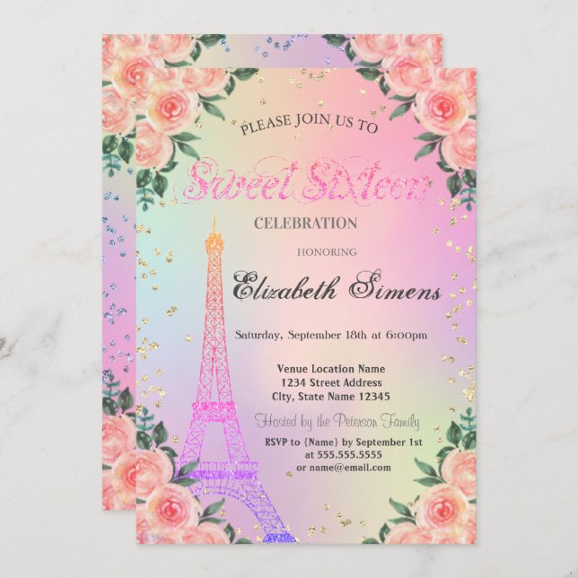 Invitation Tour Eiffel Diamants Rose Holographique Sweet 16 (Devant / Derrière)
