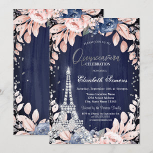 Invitation Tour Eiffel Diamants Roses Bleu Marine Quinceanera
