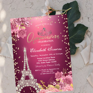 Invitation Tour Eiffel Diamants Roses Rouge Quinceanera