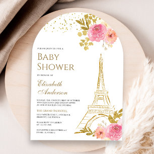 Invitation Tour Eiffel dorée à fleurs roses pour Baby Shower