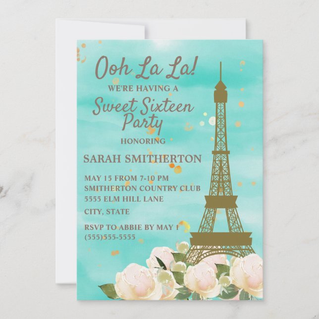 Invitation Tour Eiffel dorée bleu sarcelle vert menthe Sweet  (Devant)