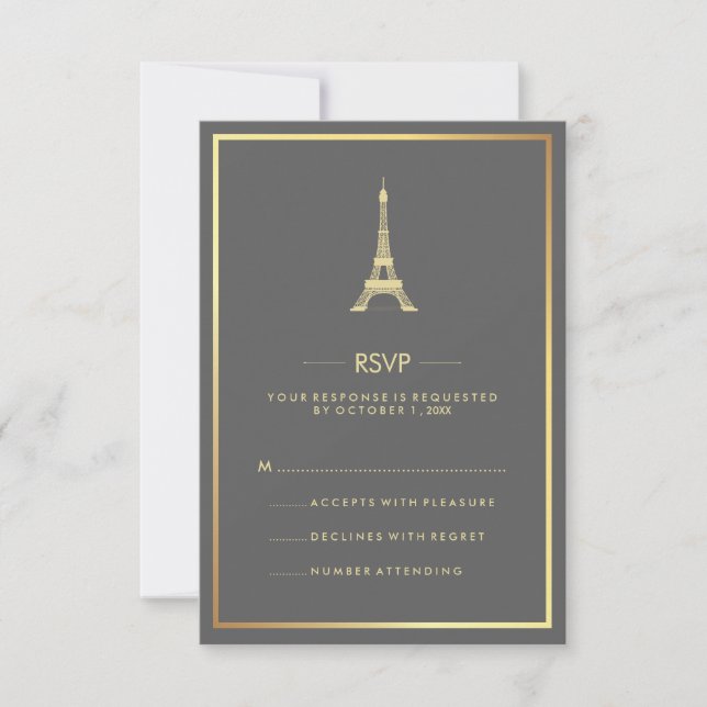 Invitation Tour Eiffel élégant or sur RSVP de mariage gris (Devant)