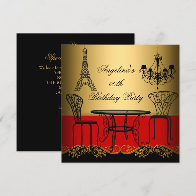 Invitation Tour Eiffel Élégant Rouge Or Paris Fête d'Annivers (Devant / Derrière)