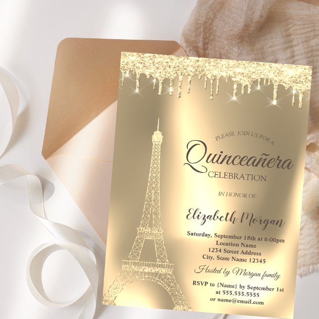 Invitation Tour Eiffel en or, Chic Drips Quinceañera (Créateur téléchargé)