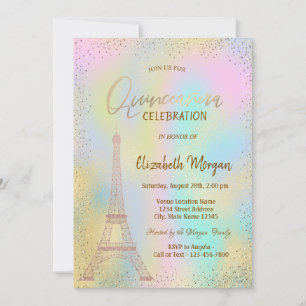 Invitation Tour Eiffel en or Confettis Holographique Quinceañ