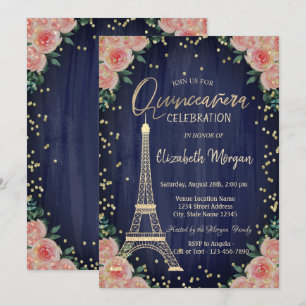 Invitation Tour Eiffel en or Diamants Fleurs Quinceañera