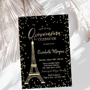 Invitation Tour Eiffel en or Diamants Quinceanera noire