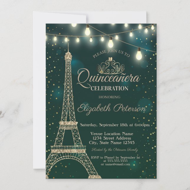 Invitation Tour Eiffel en or Étoiles vertes Quinceañera (Devant)