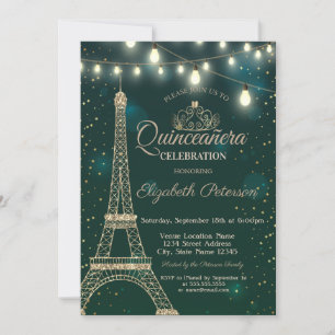 Invitation Tour Eiffel en or Étoiles vertes Quinceañera