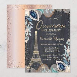 Invitation Tour Eiffel en or, Fleurs, Rose Gold Quinceanera