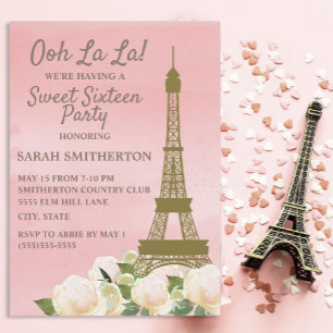 Invitation Tour Eiffel en or rose Blanc Floral Sweet 16