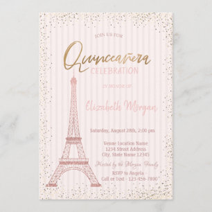 Invitation Tour Eiffel en or rose Confettis rayures Quinceane