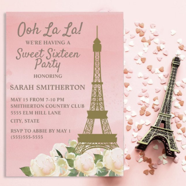 Invitation Tour Eiffel en or rose, fleurs blanches Sweet 16 (Ooh la la Parisian Sweet 16 birthday party invitation)