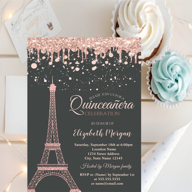 Invitation Tour Eiffel en or rose, gouttes points Quinceañera (Créateur téléchargé)