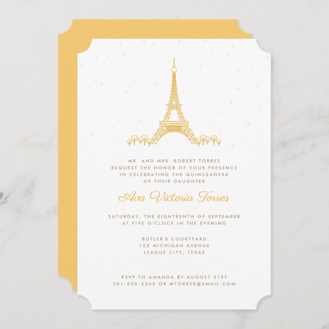 Invitation Tour Eiffel en or sous les étoiles Quinceañera (Devant / Derrière)