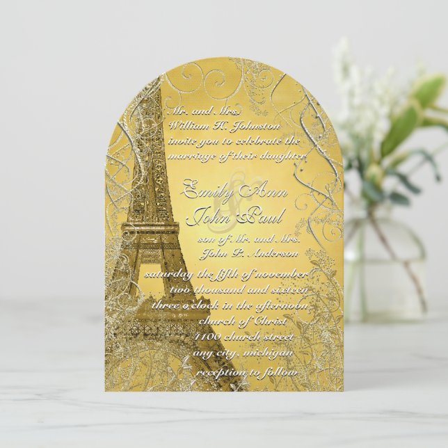Invitation Tour Eiffel Feuilles   d'or brûlé métal (Debout devant)