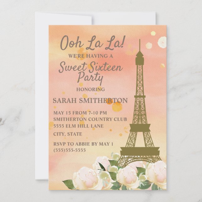 Invitation Tour Eiffel Fleur Blanche Rose Orange Sweet 16 (Devant)