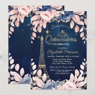 Invitation Tour Eiffel,Fleurs Bleues,Quinceañera Bleu Marine