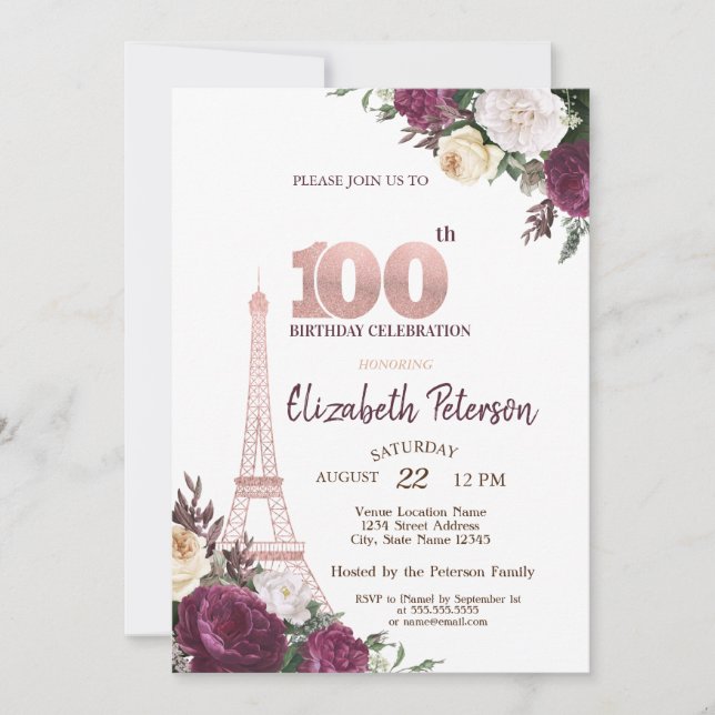 Invitation Tour Eiffel Fleurs Bourgogne 100e anniversaire (Devant)