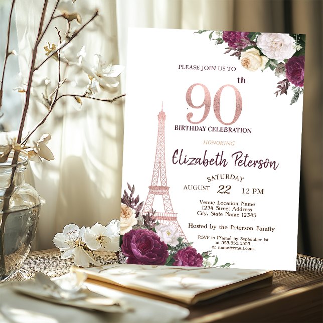 Invitation Tour Eiffel Fleurs Bourgogne 90e Anniversaire (Créateur téléchargé)