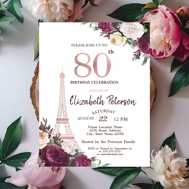 Invitation Tour Eiffel Fleurs de Bourgogne 80e Anniversaire (Créateur téléchargé)