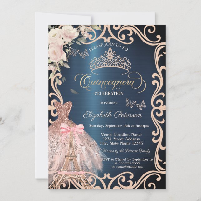 Invitation Tour Eiffel Fleurs Robe Cadre Papillon  (Devant)