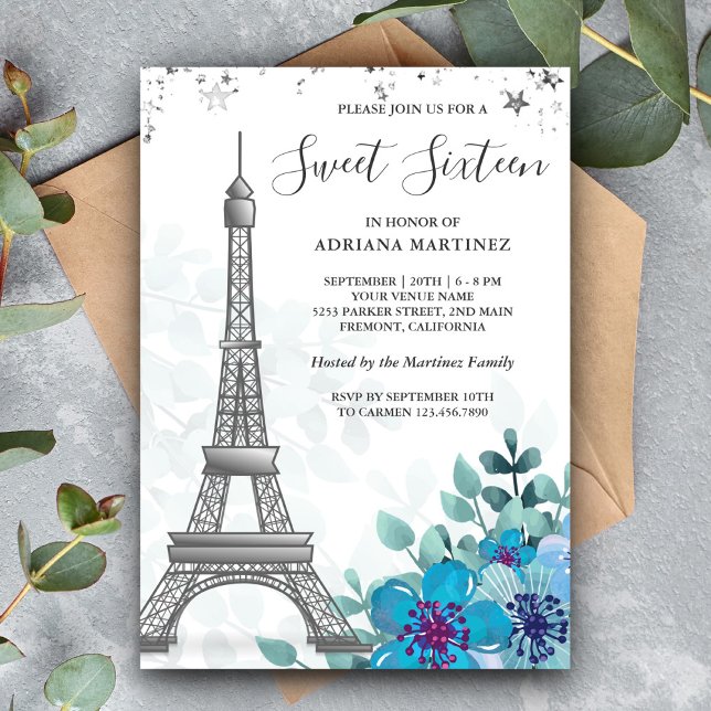 Invitation Tour Eiffel Florale Bleue Élégante Sweet Seize (Créateur téléchargé)