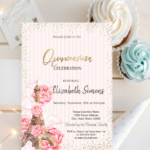 Invitation Tour Eiffel florale confettis rayée Quinceañera