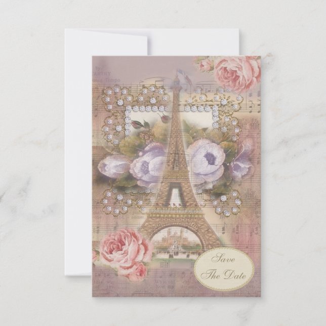 Invitation Tour Eiffel Florale Shabby Chic Carton de Mariage (Devant)