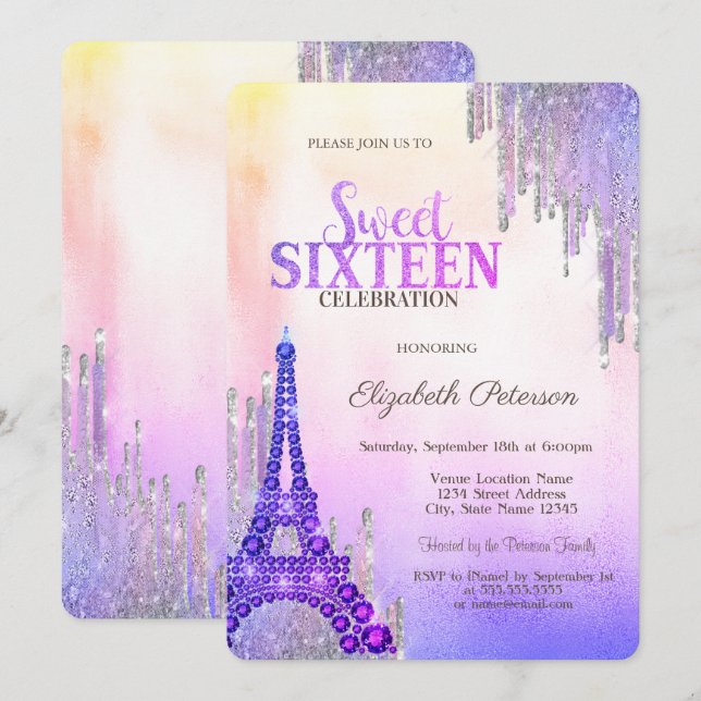 Invitation Tour Eiffel Glitter Drips Métallisé Sweet 16  (Devant / Derrière)