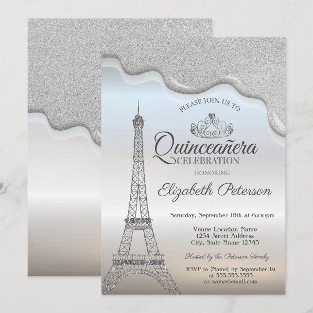 Invitation Tour Eiffel, Gouttes d'argent Quinceañera  (Devant / Derrière)