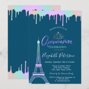 Invitation Tour Eiffel, gouttes de arc-en-ciel Robe de bal Bl