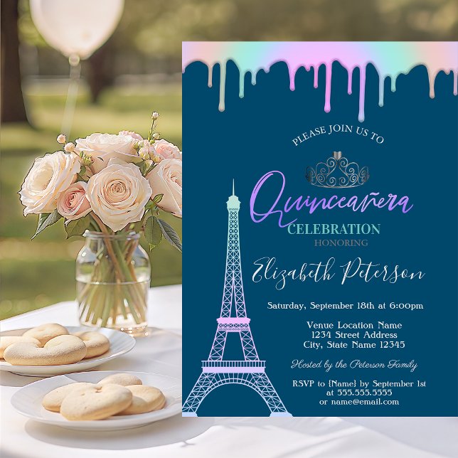 Invitation Tour Eiffel, gouttes de arc-en-ciel Robe de bal Bl (Créateur téléchargé)