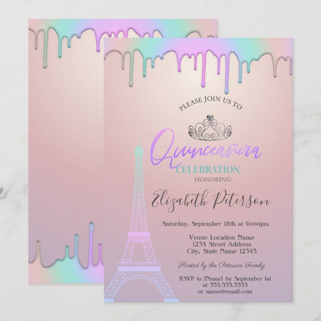 Invitation Tour Eiffel, Gouttes de Licorne Quinceañera  (Devant / Derrière)