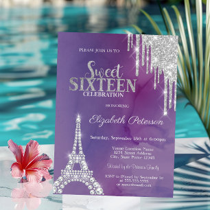 Invitation Tour Eiffel Gouttes de Paillettes Argentées Violet