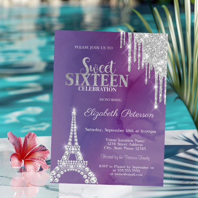 Invitation Tour Eiffel Gouttes de Paillettes Argentées Violet (Créateur téléchargé)
