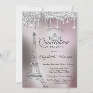 Invitation Tour Eiffel, gouttes de rose métallisé Quinceañera
