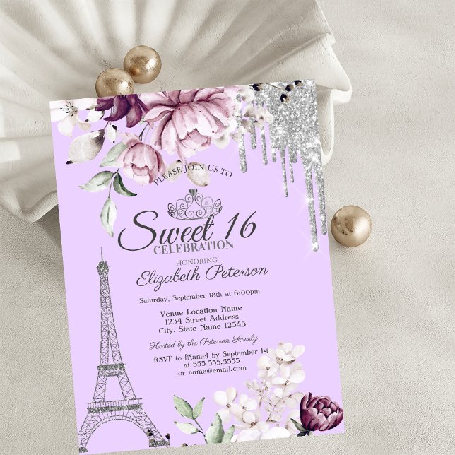 Invitation Tour Eiffel,Gouttes,Fleurs de lilas Douce 16 ans   (Créateur téléchargé)