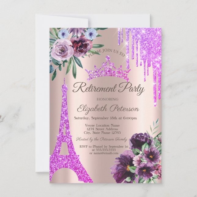 Invitation Tour Eiffel, Gouttes, Fleurs Violettes Retraite (Devant)