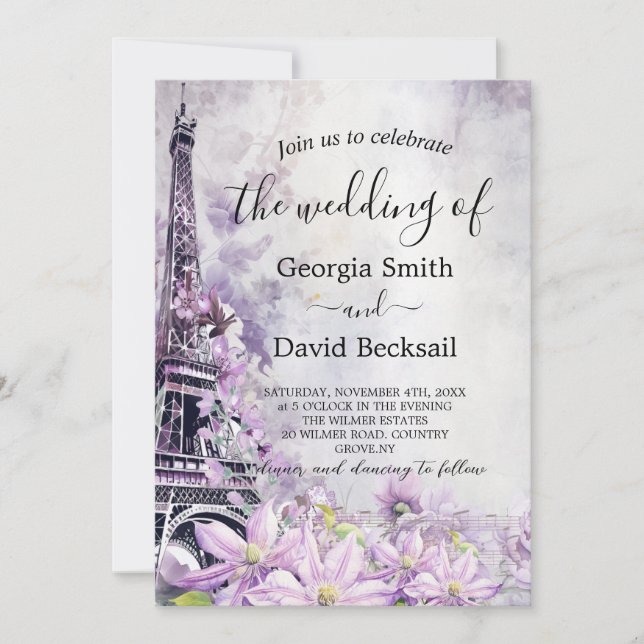 Invitation Tour Eiffel Lavender Romance QR Code Mariage (Devant)
