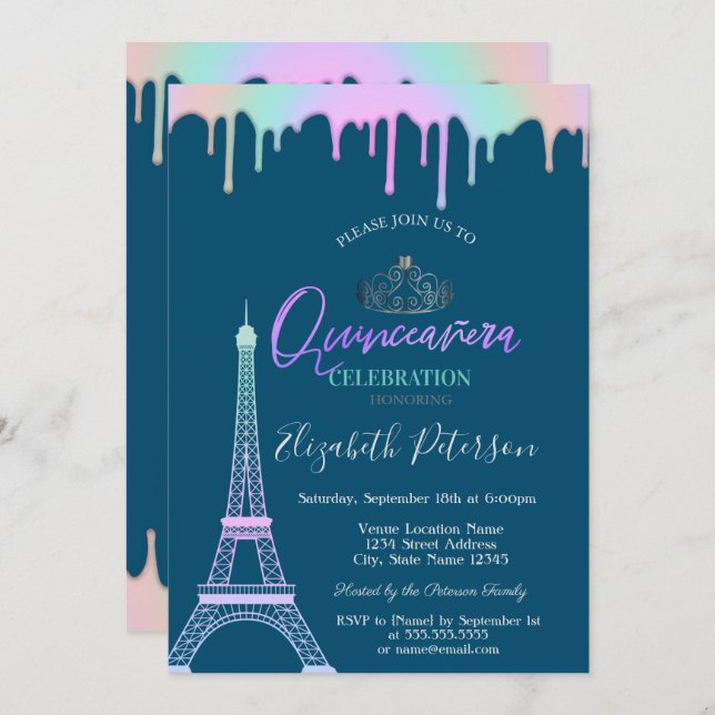 Invitation Tour Eiffel, Lecteurs Arc En Ciel Blue Quinceañera (Devant / Derrière)