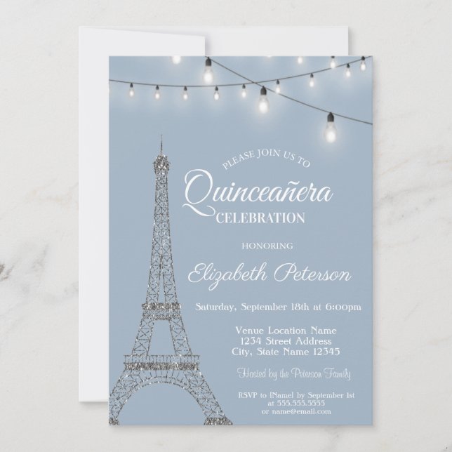 Invitation Tour Eiffel, Lumières Dusty Blue Quinceañera (Devant)