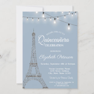 Invitation Tour Eiffel, lumières Quinceañera bleu poussiéreux